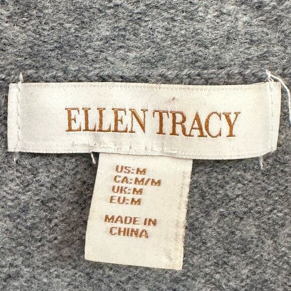 ELLEN TRACY Gray 100% Wool Zip Front Cardigan Sweater, shawl collar. Size Medium - Picture 5 of 6